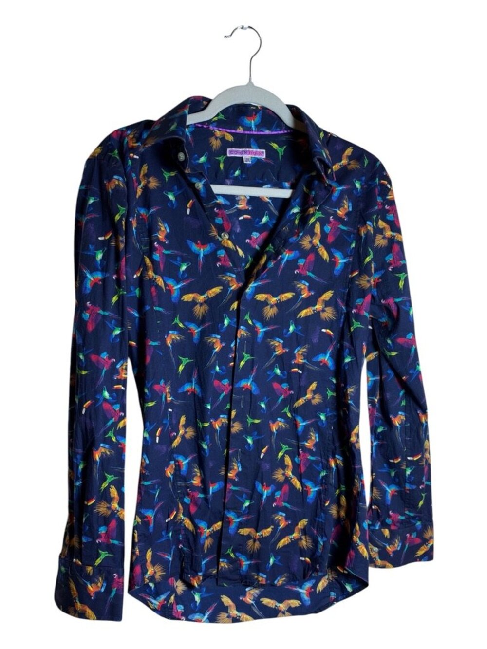 Coton Doux Mens Tropical Parrot Toucan Print Button Up Shirt Navy 15.5 39 M